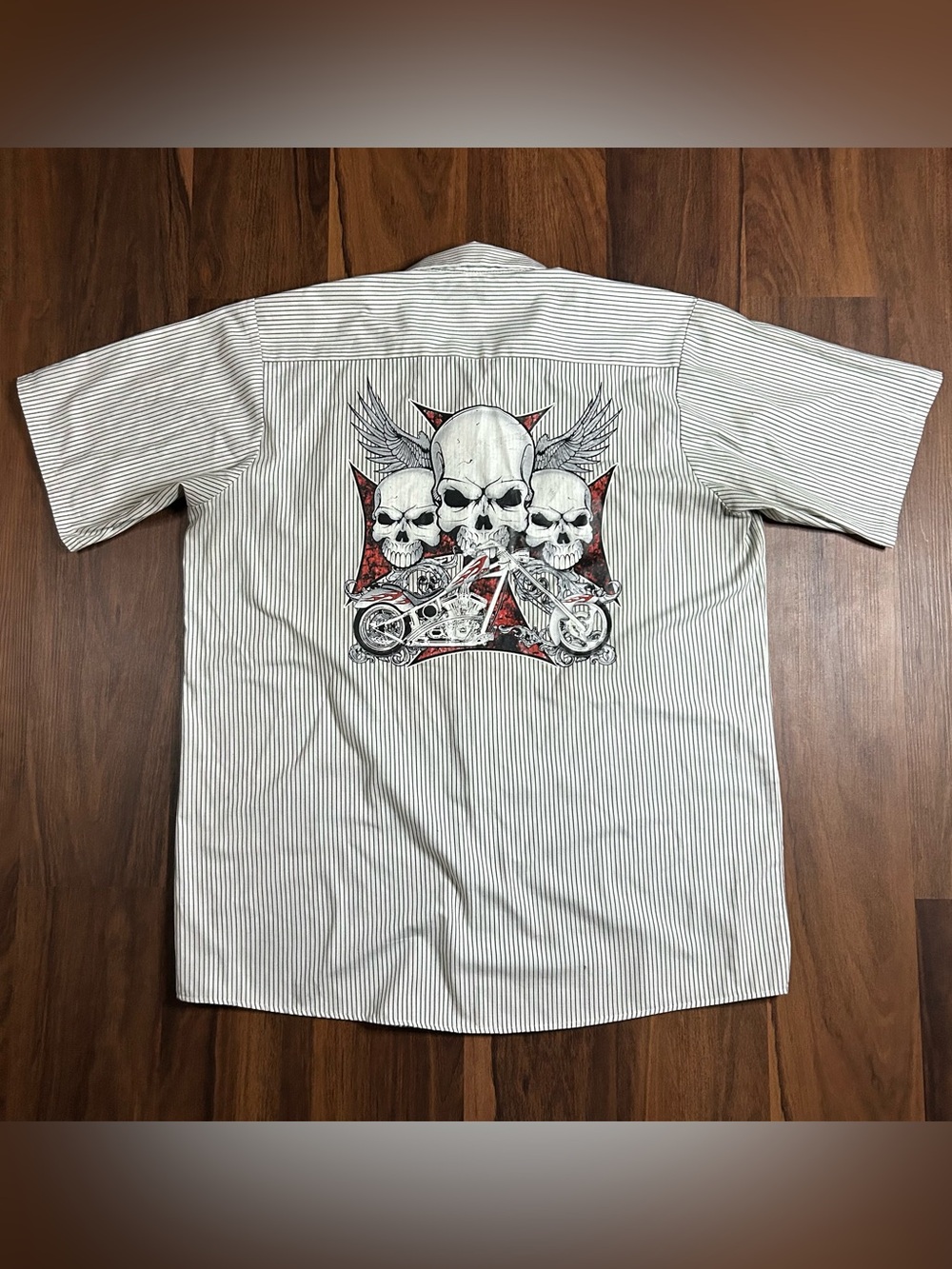 Vintage red kap pinstriped button up with Skull & Motorcycle Graphic back hit.